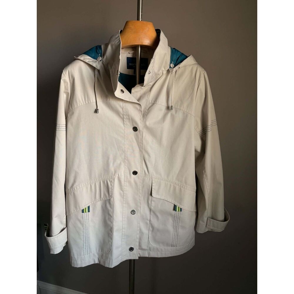 Mackintosh New England Womens L Hooded Rain Jacket Tan Removable Hood Teal Lined